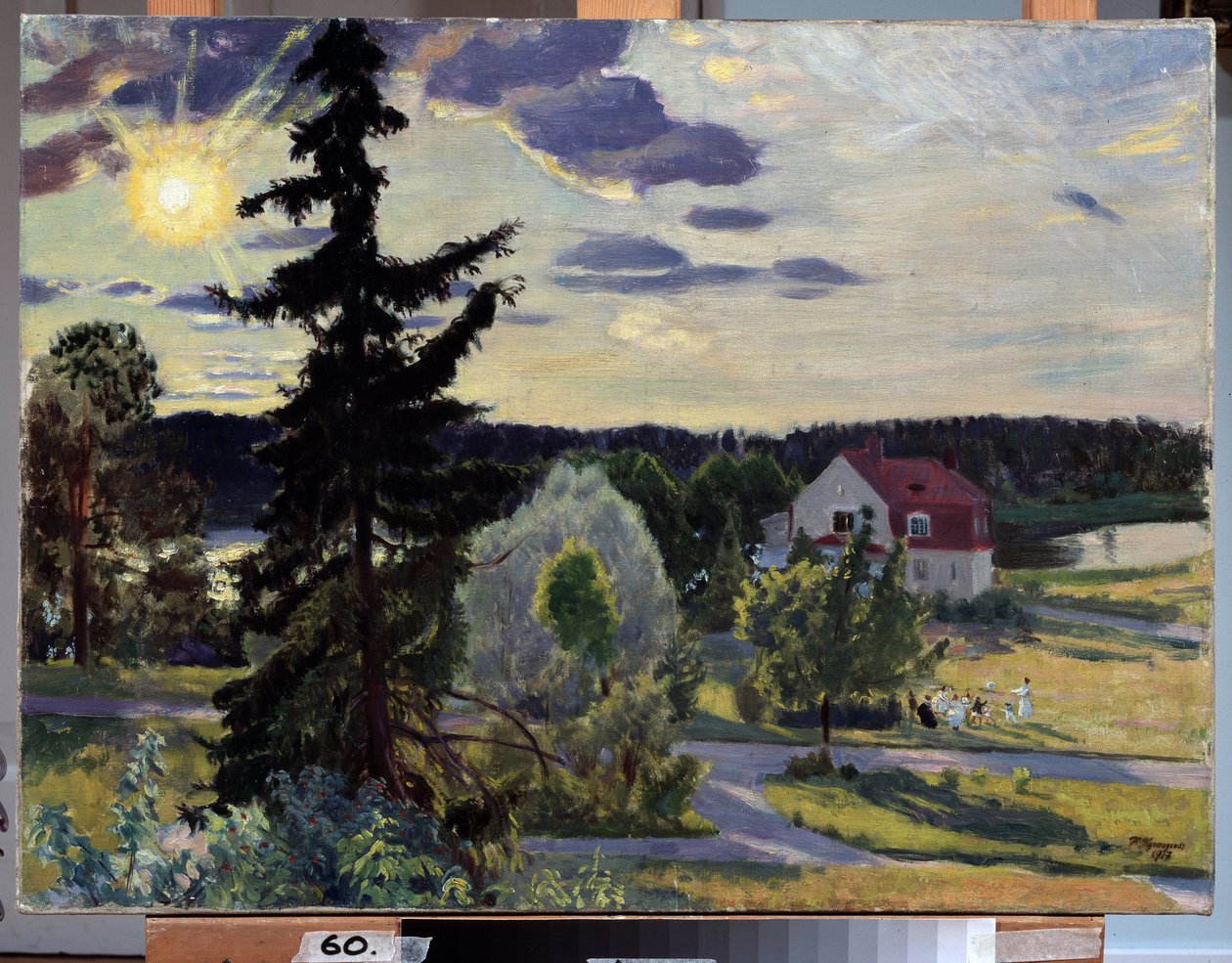夜の風景。 家の前の芝生で子供たちのグループがボールで遊んでいます。 Boris Michaylovich Kustodiev (Kustodiev) (1878-1927) による絵画、キャンバスに油彩 作： ボリス・ミハイロヴィチ・クストーディエフ