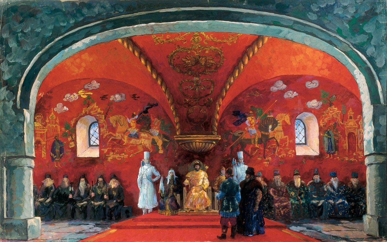 ロシア皇帝ボリス・フョードロヴィチ・ゴドゥノフ（1551-1605）の表現、プーシキン作「ボリス・ゴドゥノフ」の劇中装飾（油彩・キャンバス 作： ボリス・ミハイロヴィチ・クストーディエフ
