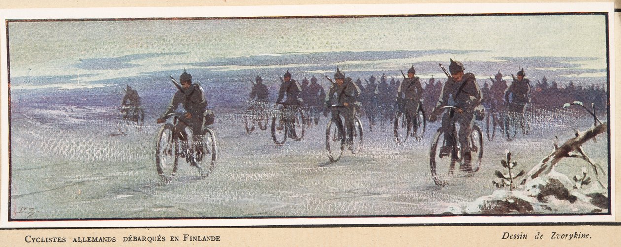 フィンランドに到着したドイツの自転車乗りたち；Histoire des Soviets, pub.1922年（カラーリトグラフ）。 作： ボリス・ヴァシリエビッチ・ズボリキン