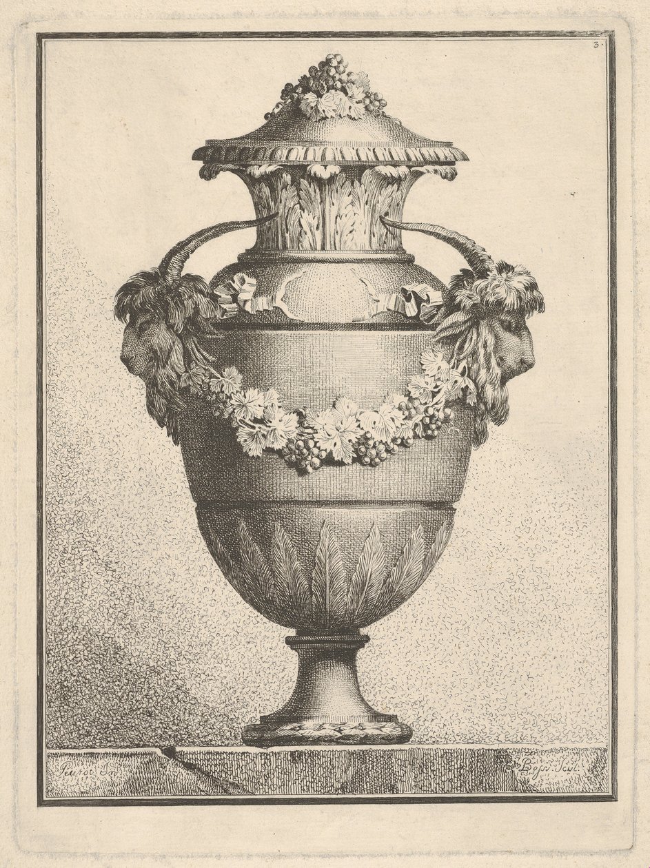 2頭のヤギの頭と花輪を備えた覆われた花瓶のデザイン、1764年. 作： ボッシ
