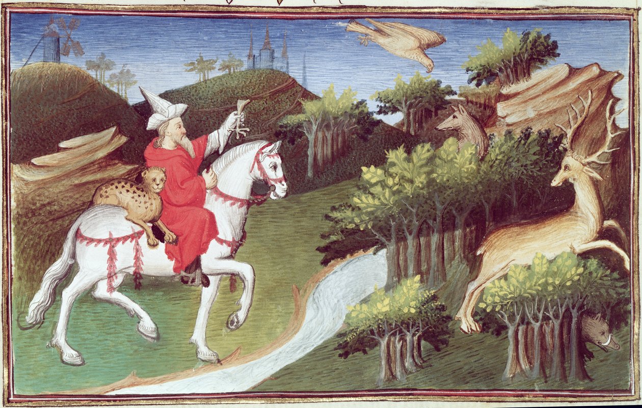 Mr Fr 2810 f.31v、グレートカーンは &39;Livre des Merveilles du Monde&39;、c.1410-12（ベラムのテンペラ）から、ワシをワシに対して解放します。 作： ブシコーマスター