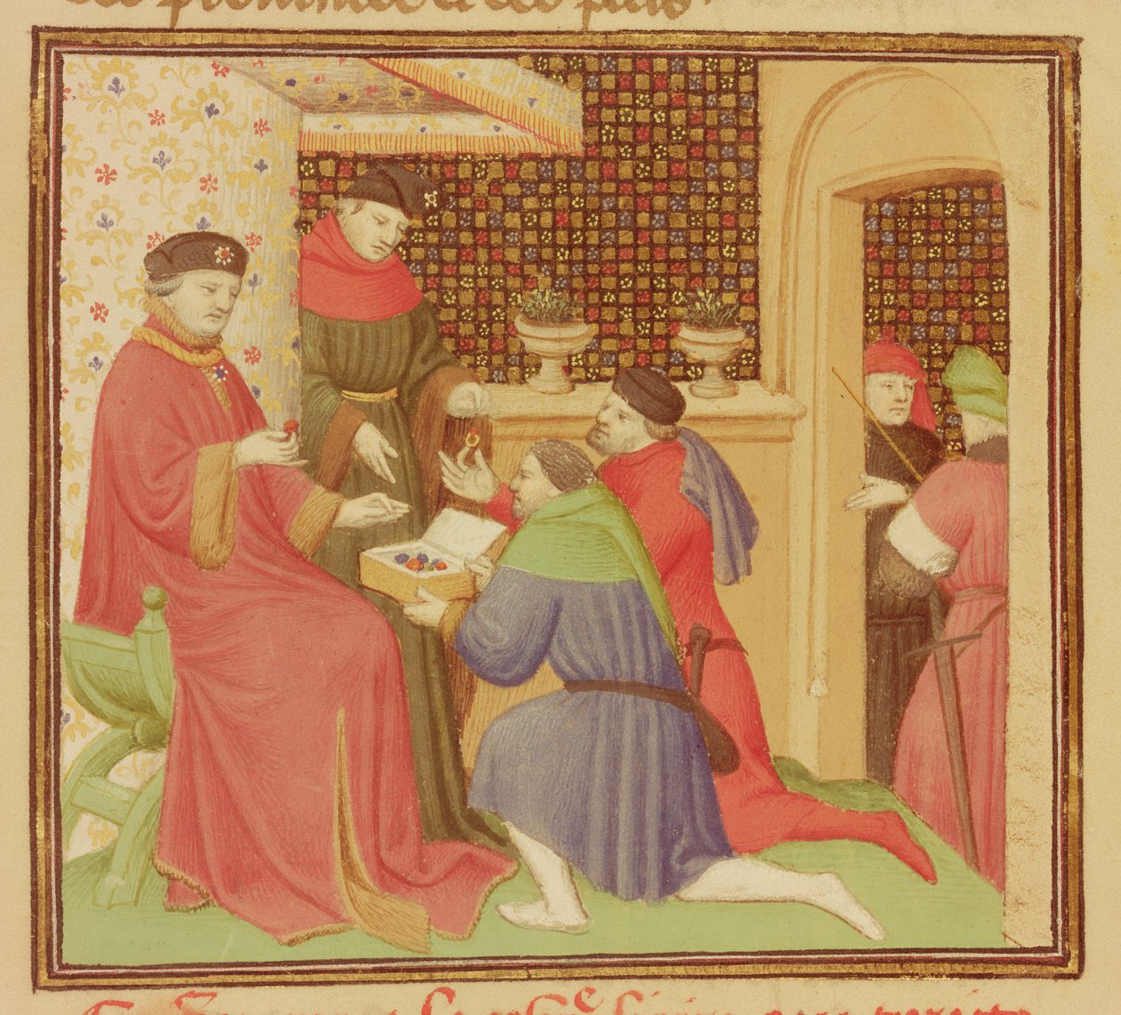 Ms Fr 9141 fol。235デュールが貴重な石を受け取る、Barthelemy l&39;Anglais作の「Le Livre de la Propriete des Choses」より、1405年頃 作： ブシコーマスター