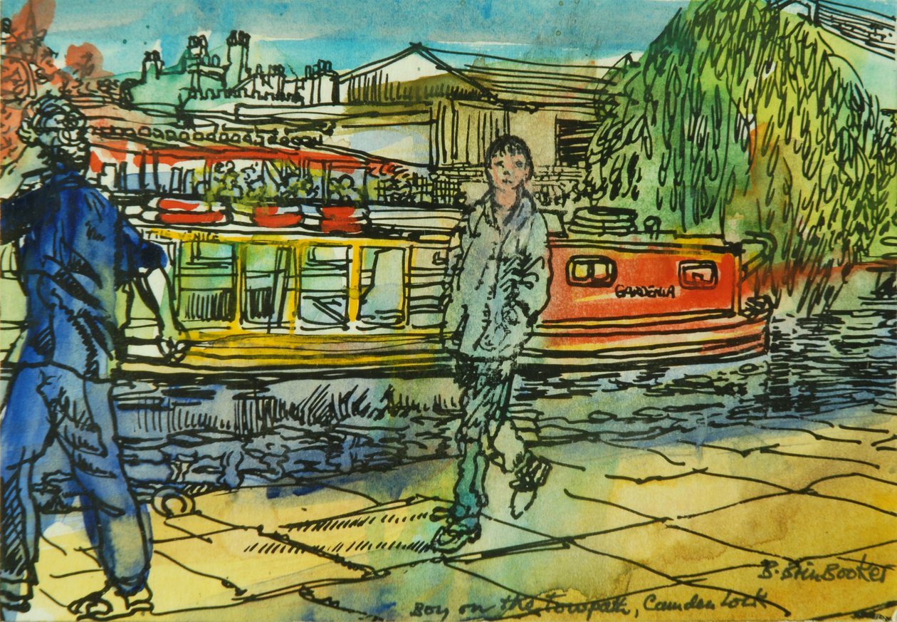 Camden Lock, Towpath上の少年たち」（水彩・紙 作： ブレンダブリンブッカー