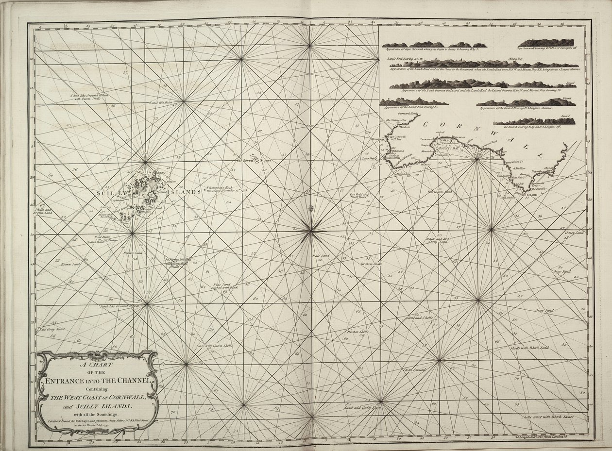 コーンウォールの西海岸とサイリー諸島を含む海峡の入り口の海図。 作： ブリティッシュスクール