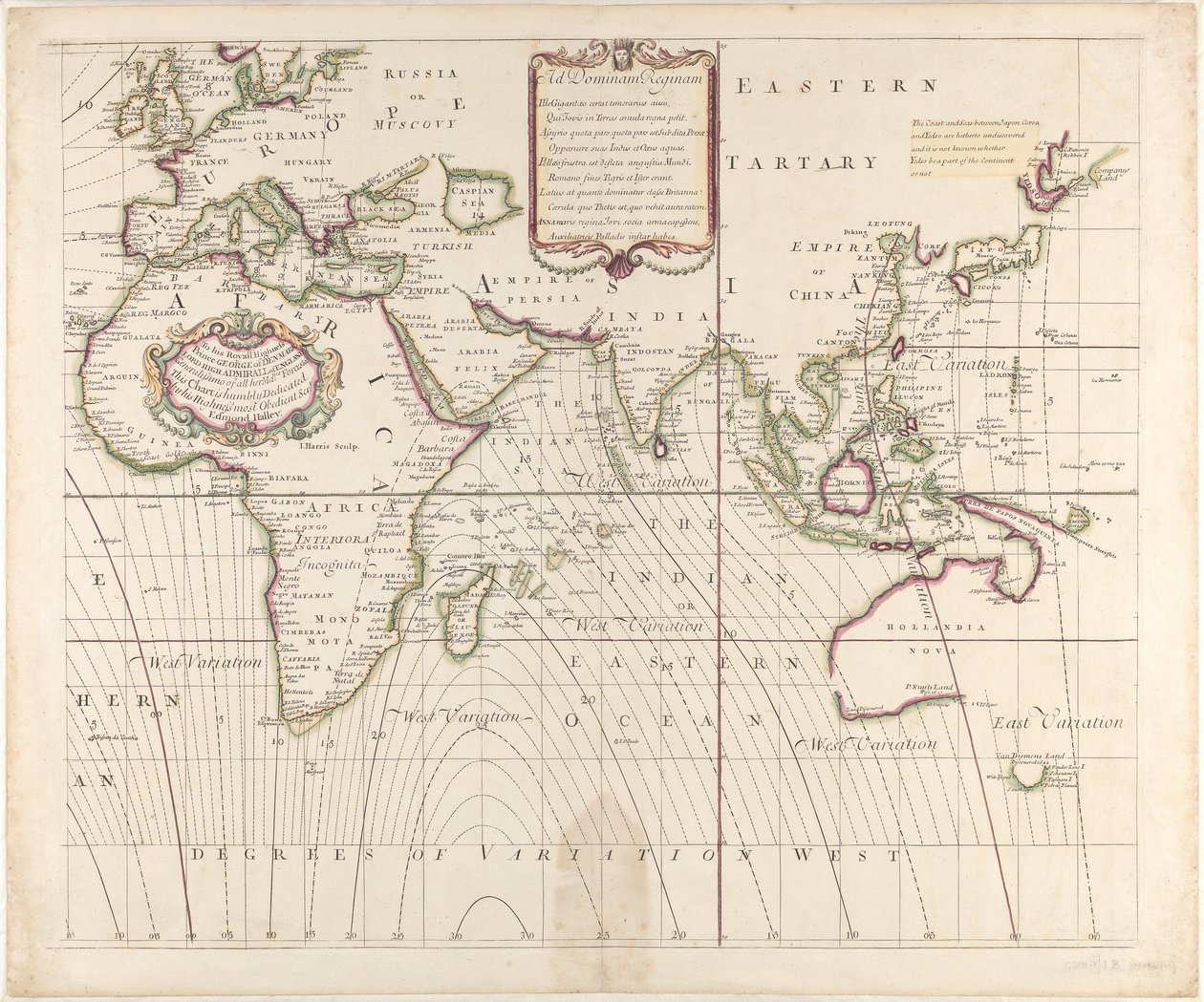 1700年に発見されたコンパスの変動を示す、新しく正しい全世界の海図。 作： ブリティッシュスクール