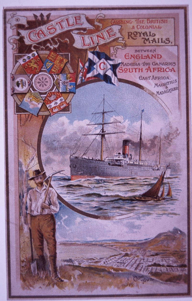 1898年にケープタウンからロンドンまで航海したタンタロン城の乗客のリストが記載されたキャッスルラインの小冊子（カラーリソ） 作： ブリティッシュスクール