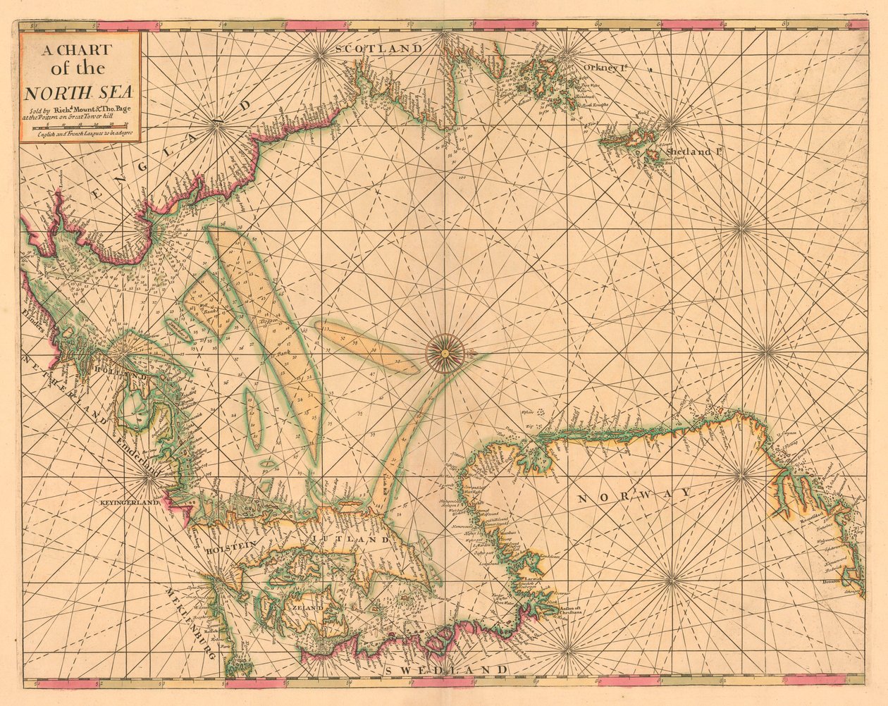 北海の海図：ノルウェーからドーバー海峡、1700年頃（カラー版画） 作： ブリティッシュスクール