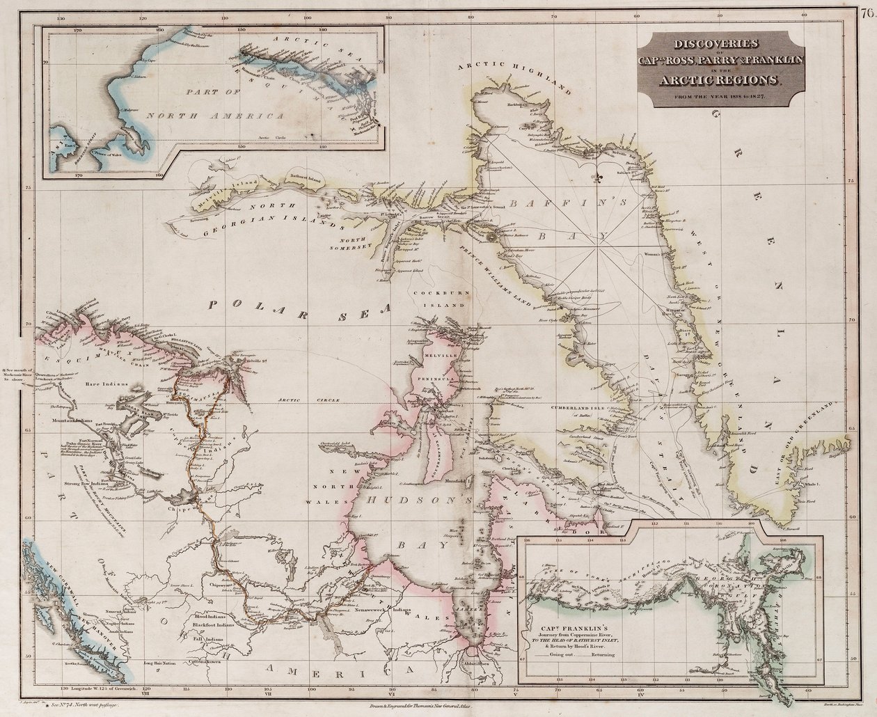 1818年から1827年にかけてのロス、パリー、フランクリンによる北極圏での発見を示す図（1830年頃、カラー版画） 作： ブリティッシュスクール