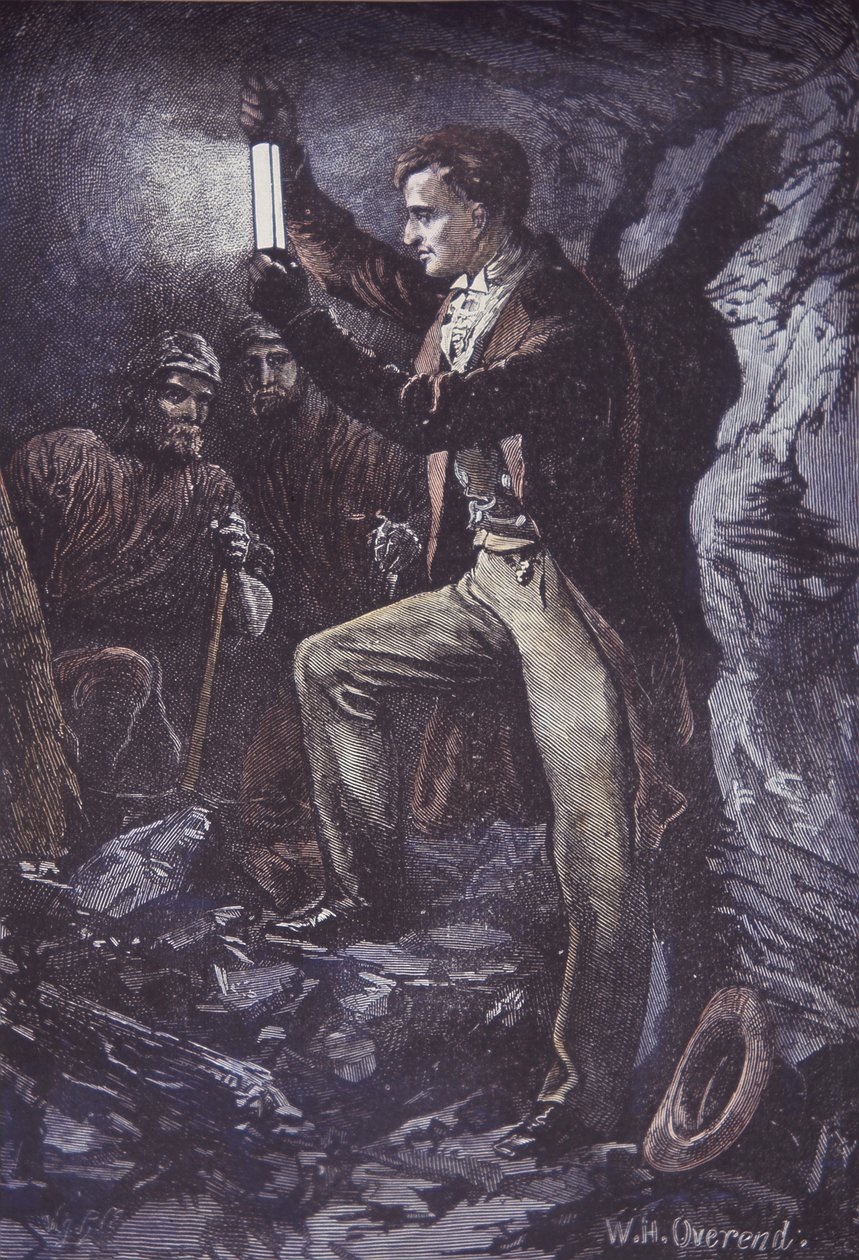 1815 年に発明された鉱山労働者用の Davy 安全ランプを備えた Humphry Davy (手描きの木版画) 作： ブリティッシュスクール