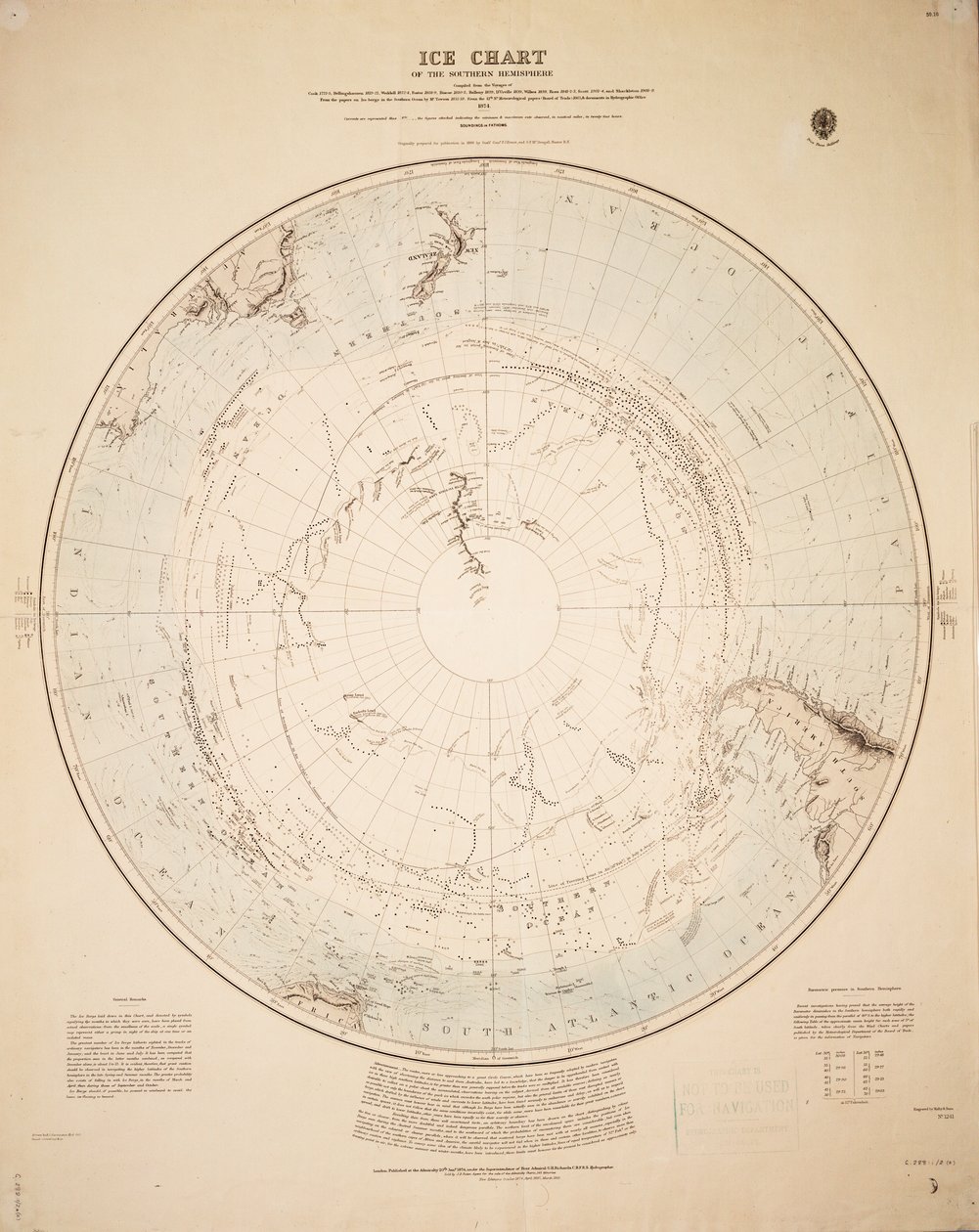 クック1772-5年、ベリングスハウゼン1819-21年...そしてシャクルトン1908-9年の航海から作成された南半球の氷海図。 作： ブリティッシュスクール