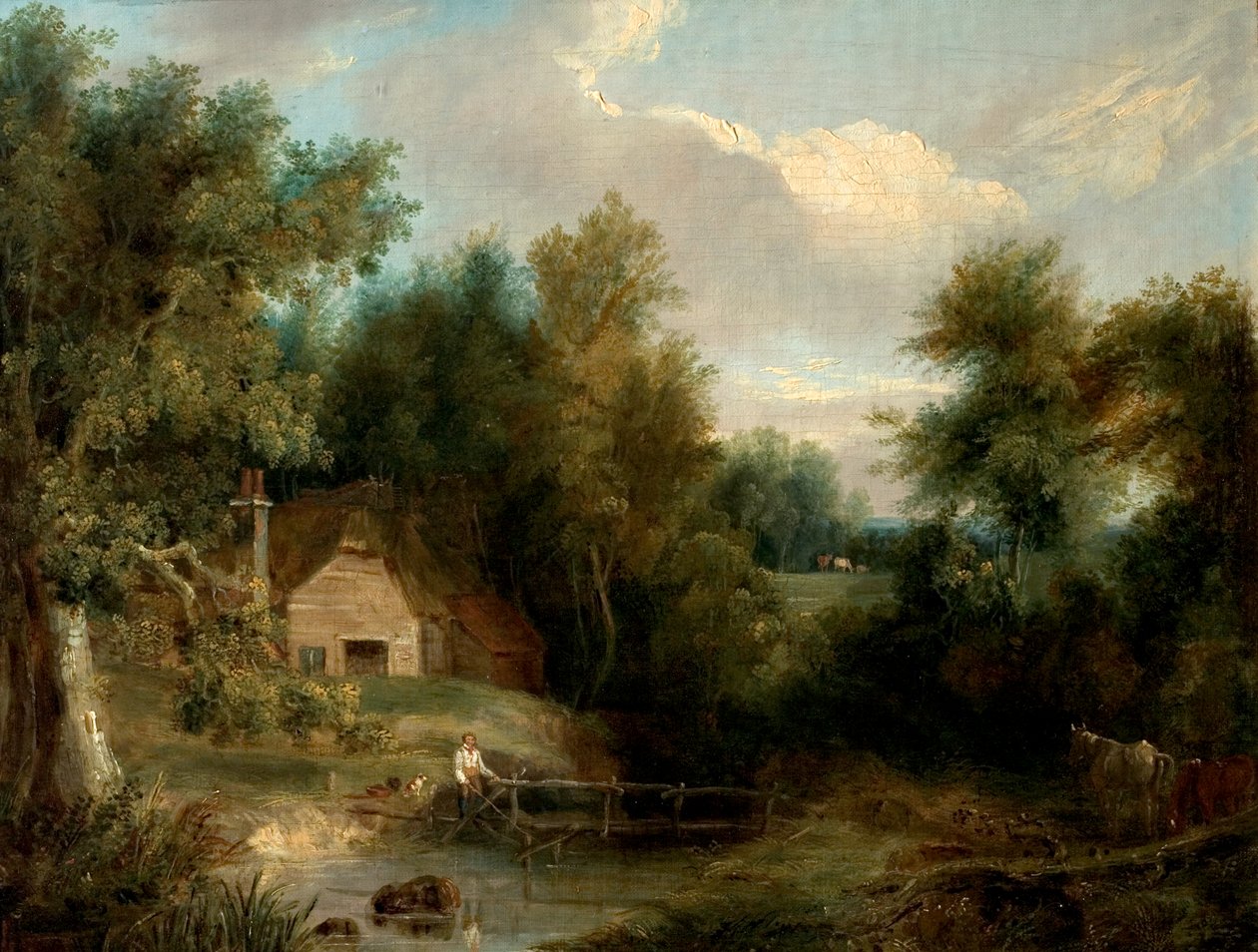 Landscape, Cottage and a Stream with a Figure and a House (oil on canvas)   1407945   ja       japanese Successfully Translated  Original: Sunset, in Red and Brown Translat: Sunset, in Red and Brown 1252061 ja japanese Successfully Translated Original: Zel 作： ブリティッシュスクール