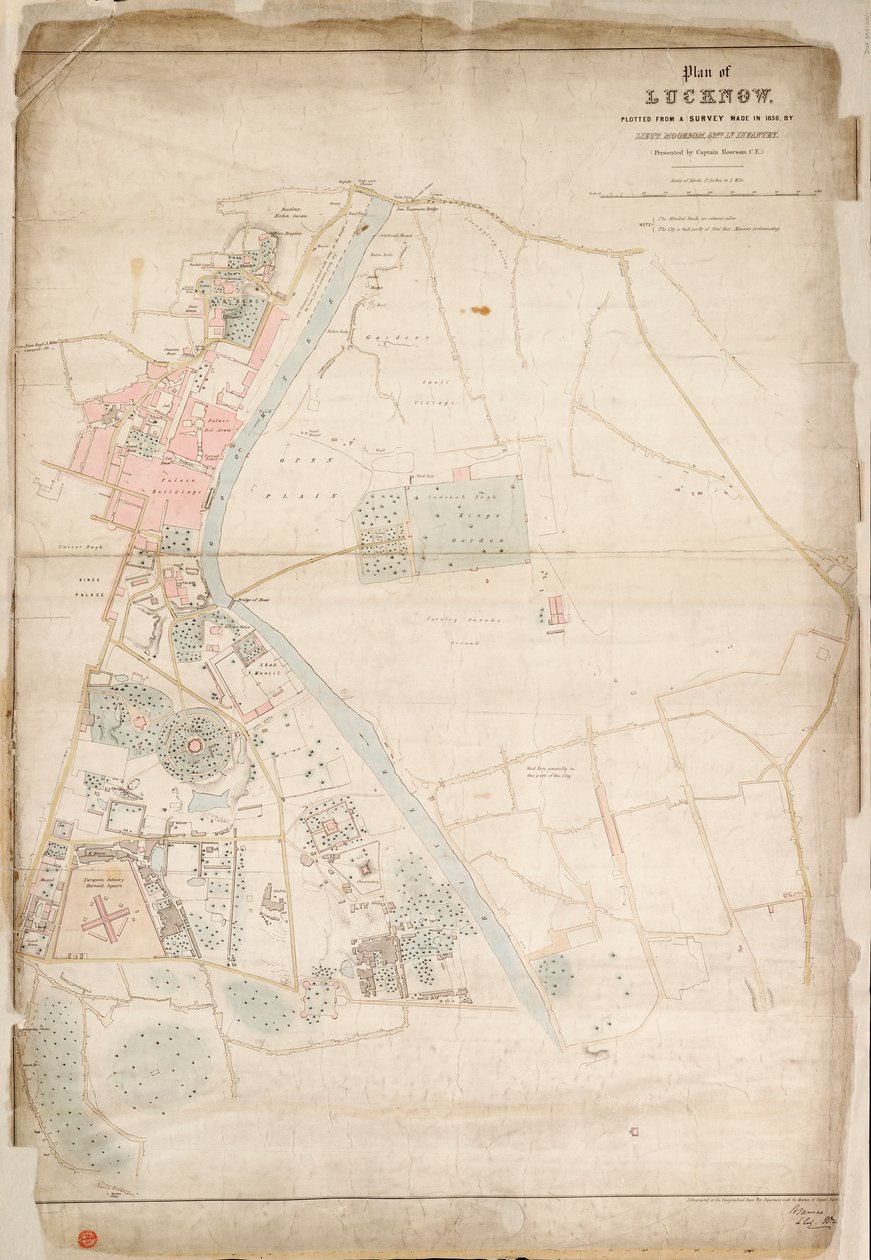 ラクナウの見取り図。1856年、第52歩兵中尉ムーサムによる測量図から作成。Lt. Infantry.(1856年頃（絹、紙）。 作： ブリティッシュスクール