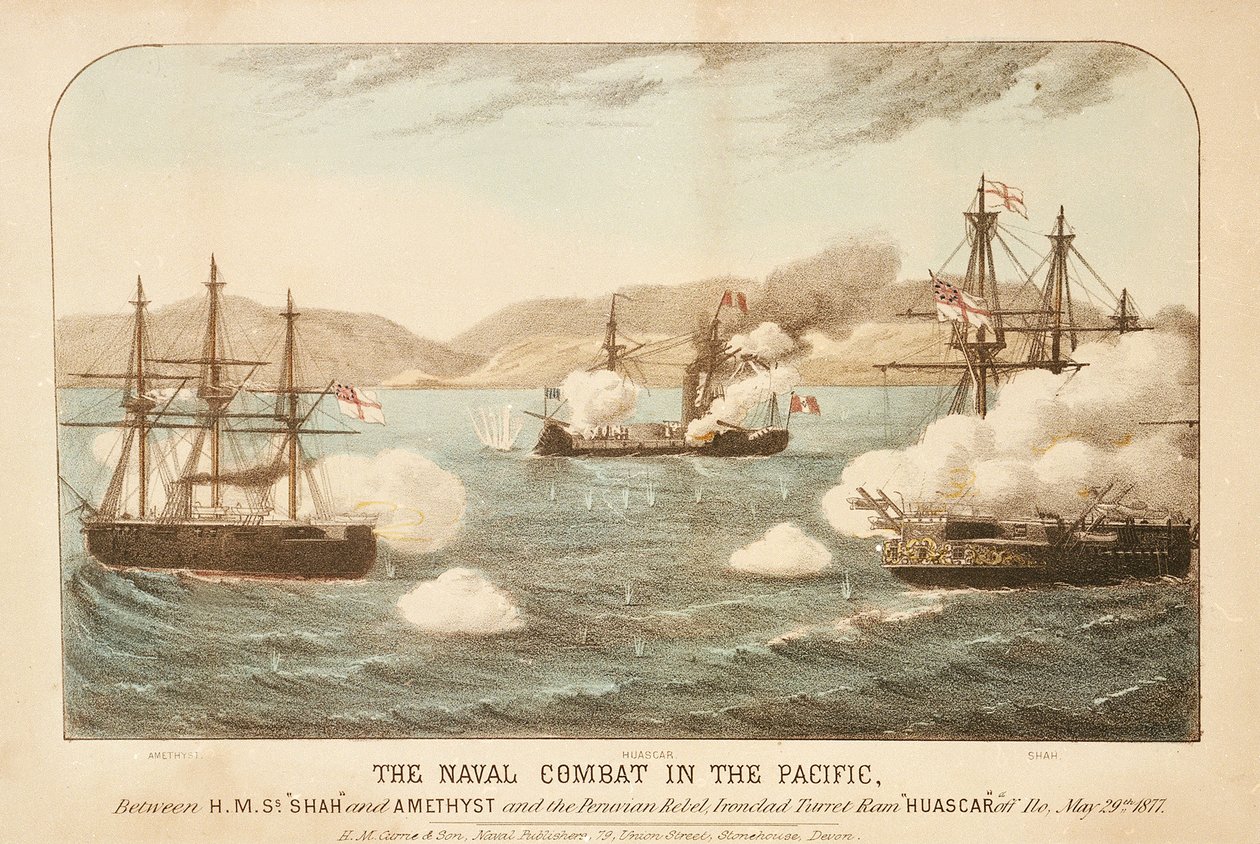 1877年5月29日、イロ沖でのHMS「シャー」「アメジスト」とペルーの反乱軍、鉄壁の砲塔ラム・ワスカルの太平洋海戦 作： ブリティッシュスクール