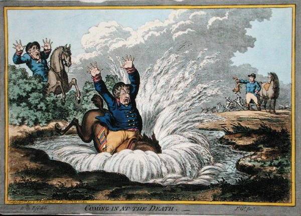 ジェームズ・ギルレイ（1757-1815）が1800年にハンナ・ハンフリー社から出版したエッチング作品「Coming in at the Death」（手彩色のエッチング）。 作： ブラウンロウ（後）北
