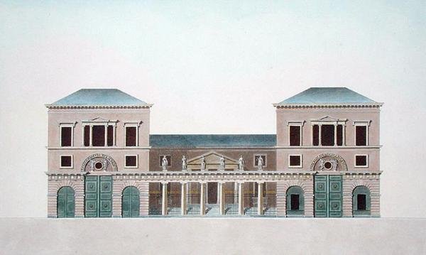 トゥルネーの絨毯工場、ピエール・ジャック・ゲッヘッビュール著「Choix des Monuments, Edifices et Maisons les plus remarquables du Royaume des Pays-Bas」より、著者が彫ったもの、1827年発行（アクアチント）。 作： ブルーノ（後）レナード