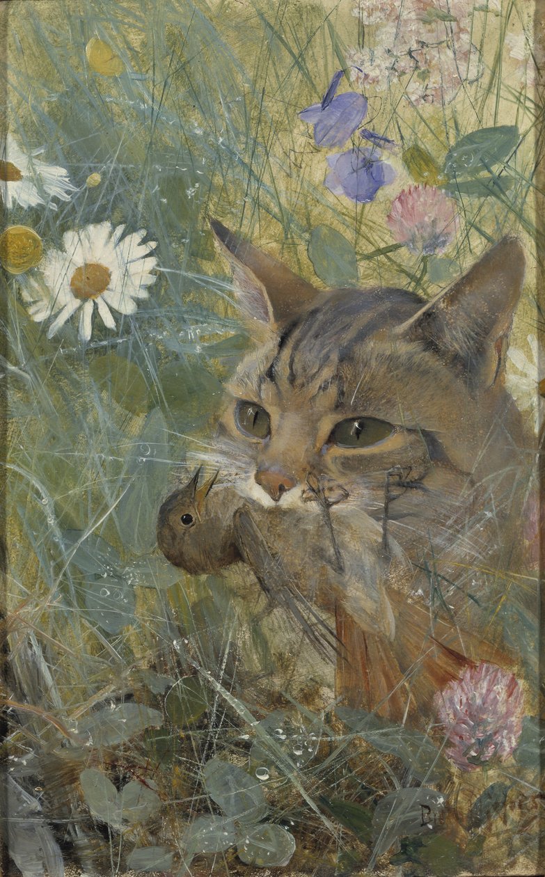 口の中に幼鳥がいる猫、1885 作： ブルーノ・アンドレアス・リリエフォース