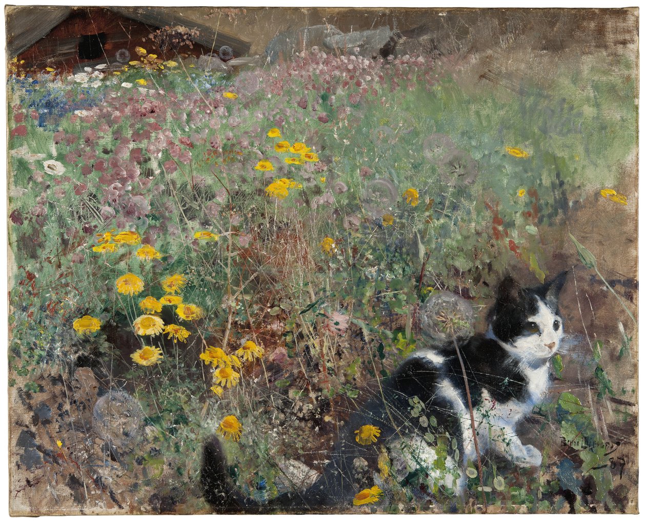 花の咲く草原の猫、1887 作： ブルーノ・アンドレアス・リリエフォース
