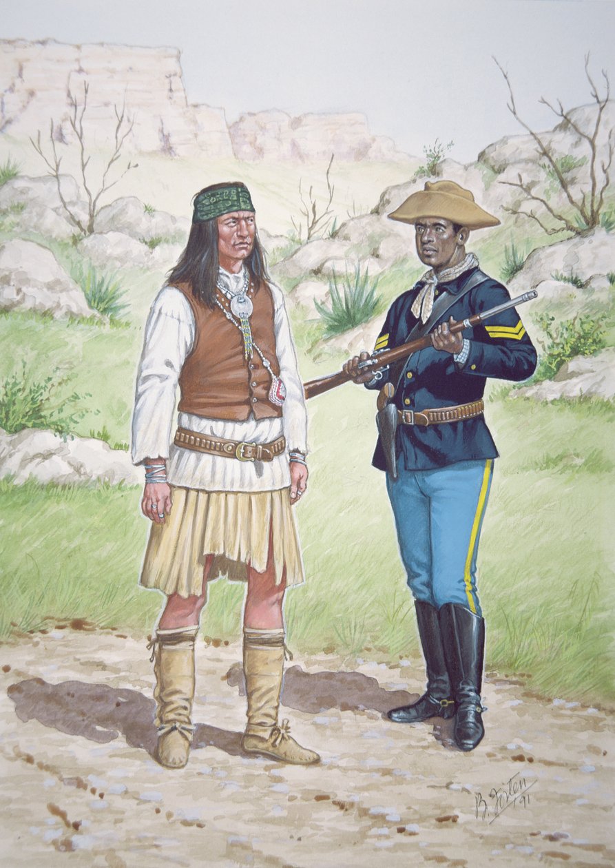 1886年、チリカフア族のアパッチ戦士とアメリカ騎兵第10連隊の伍長（6枚組のタブローより 作： ブライアン・フォステン