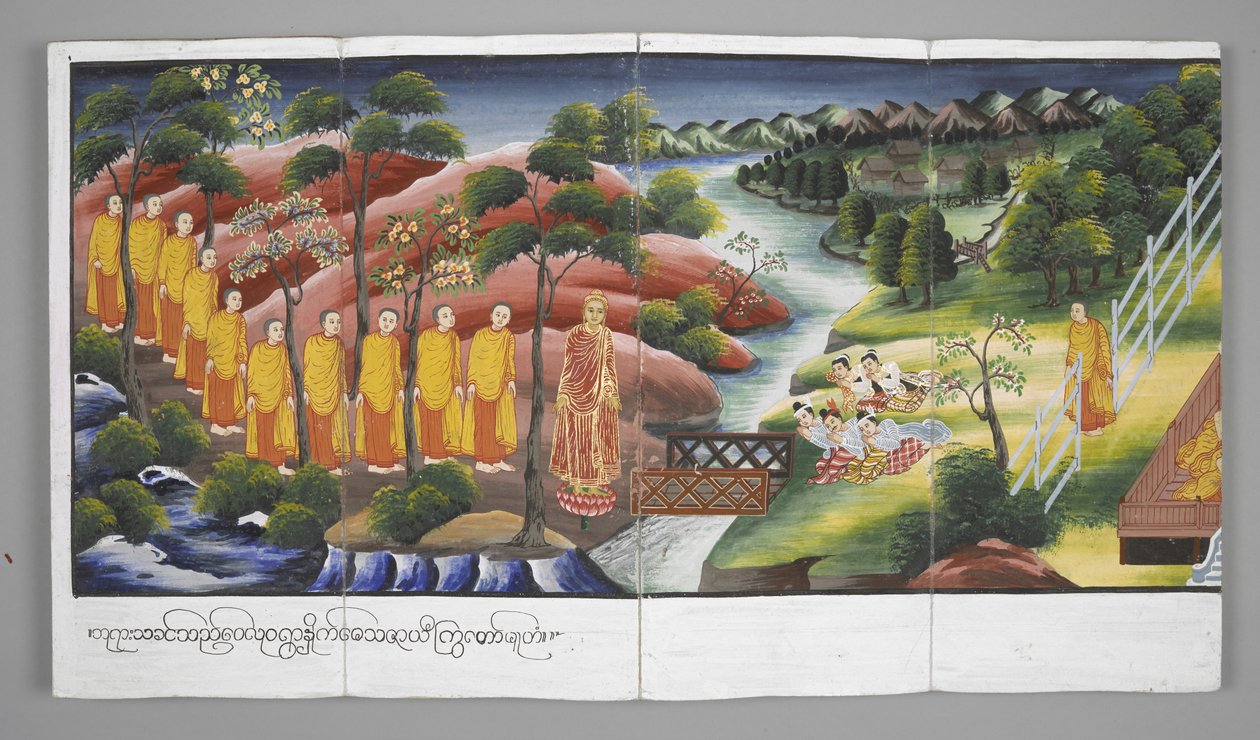 または。 13534、f.23 川を渡る僧侶、ブッダの生涯の情景（羊皮紙） 作： ビルマ語学校