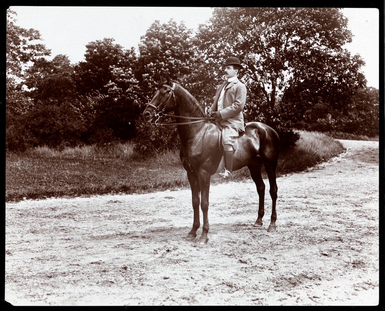 1907年、ニューヨークのセントラルパークのブライドルパスで馬にポーズをとったオットーカーンの肖像画（銀ゼラチンプリント） 作： バイロンカンパニー
