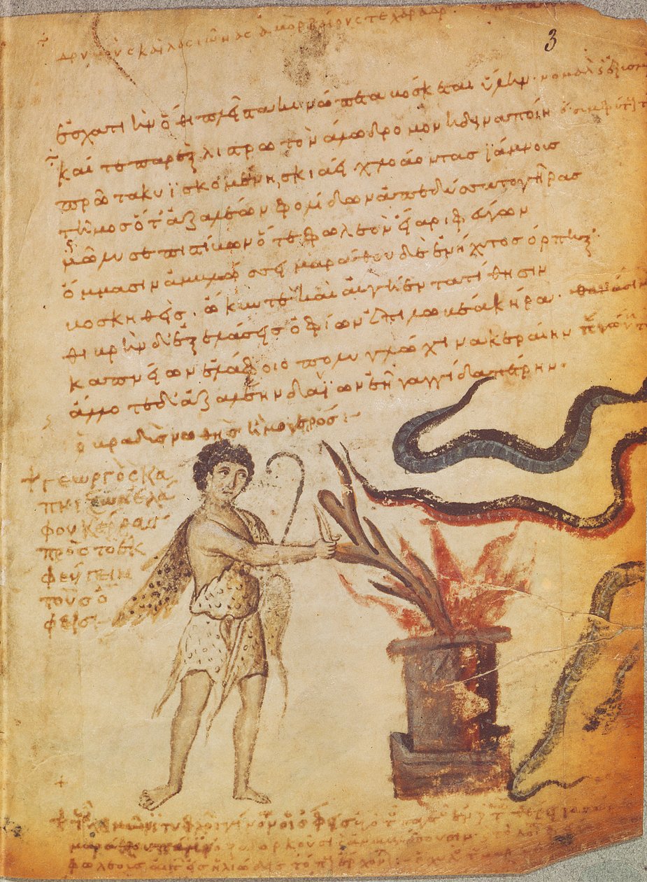 Ms Supp Grec 247 fol.3コロフォンのニカンデルテリアカ（紀元前2世紀）から、蛇を追い払うために枝角を燃やす牧夫 作： ビザンチン