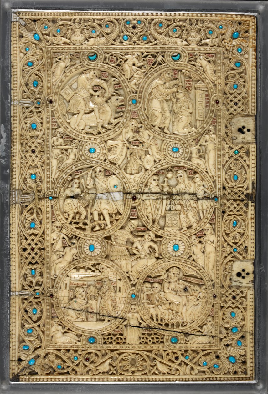 Egerton MS 1139 ダビデの生涯の場面を描いた上表紙、「メリザンドの詩篇女王」、エルサレム、1131～40年頃（アイボリー＆ターコイズ） 作： ビザンチン