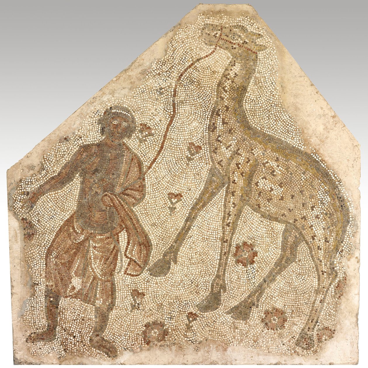 キリンを率いる男のモザイク断片、西暦401-500年（モルタルの中の石） 作： ビザンチン