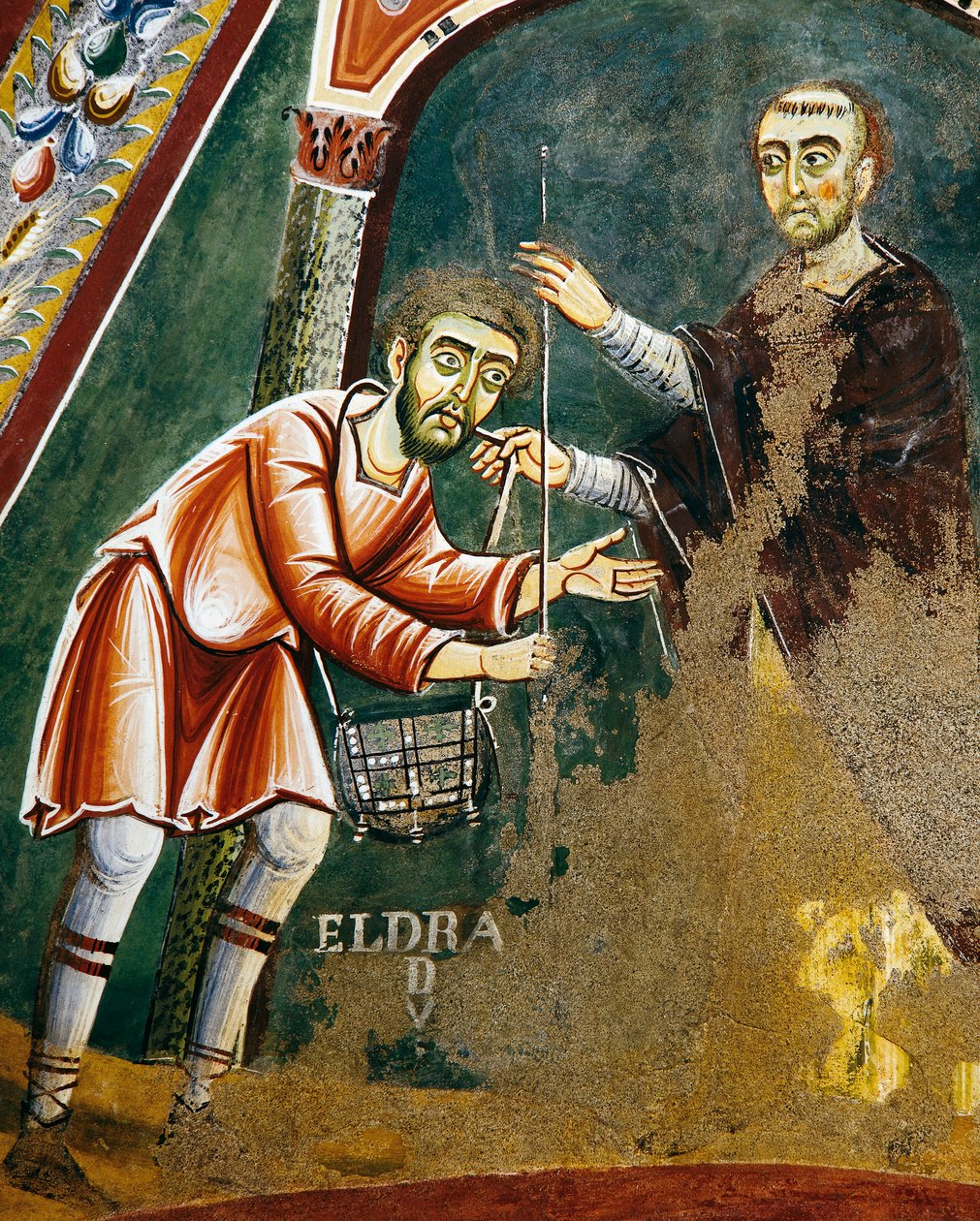 Heiliger Eldrad verlässt Santiago de Compostela, Detail aus den Geschichten des Lebens des Heiligen Eldrad, Romanisches Fresko, Byzantinischer Stil, spätes 11. Jahrhundert, Kapelle des Heiligen Eldrad und des Heiligen Nikolaus, Abtei von Novalesa, Piemont, von Byzantine