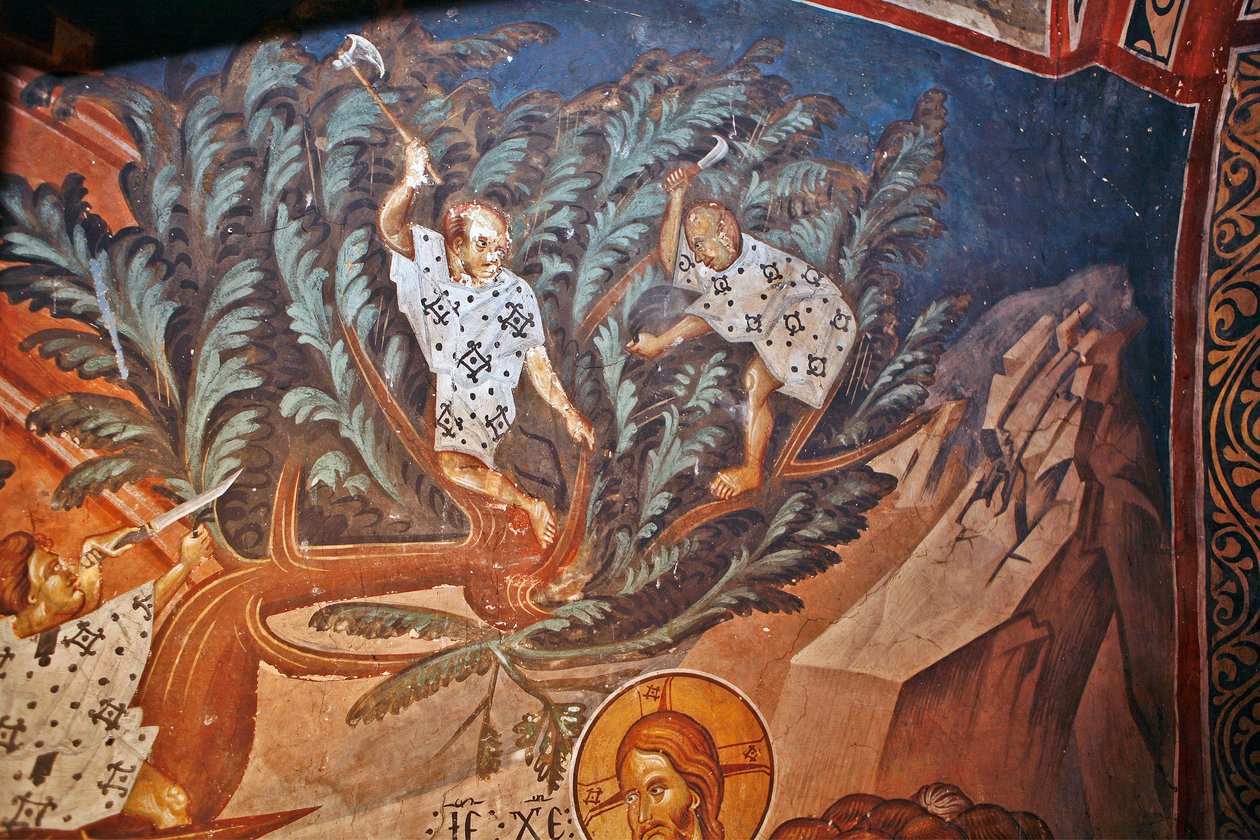 キリストのエルサレム入城。 詳細: ヤシの木の枝を切る子供たち - Peinture de Damiane (14 世紀に活躍) - 14 世紀 - フレスコ画 - ウビシの聖ジョージ修道院 ©FineArtImages/Leemage 作： ビザンチン