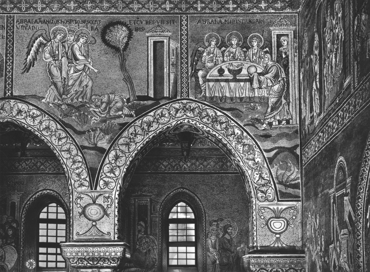 アブラハムへの三人の天使の出現とアブラハムのおもてなし、c.1182（モザイク） 作： ビザンチン学校