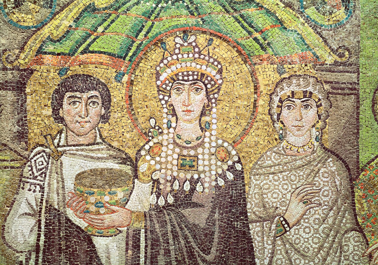 テオドラ皇后両陛下、2人の大臣と7人の女性の法廷、西暦547年頃