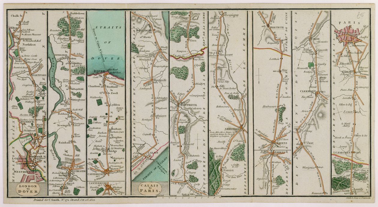 スミスとジョーンズによって彫刻されたロンドンからドーバー、カレーからパリへの新しい道路計画、1801年（カラー彫刻） 作： CAスミス