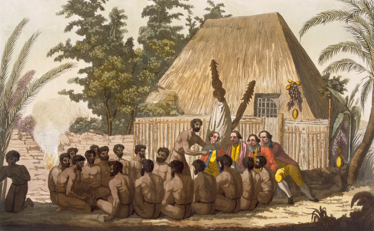 1779年1月、ロモ神の化身であると認め、クックキャプテンの前に捧げられた供物。アンジェロビアシオリによって刻まれた 作： C.ボッティゲラ