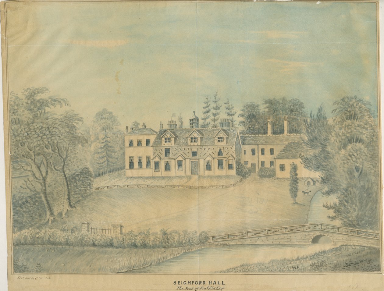 Seighford Hall：色付きのウォッシュドローイング、nd [19世紀半ば] 作： CBアッシュ