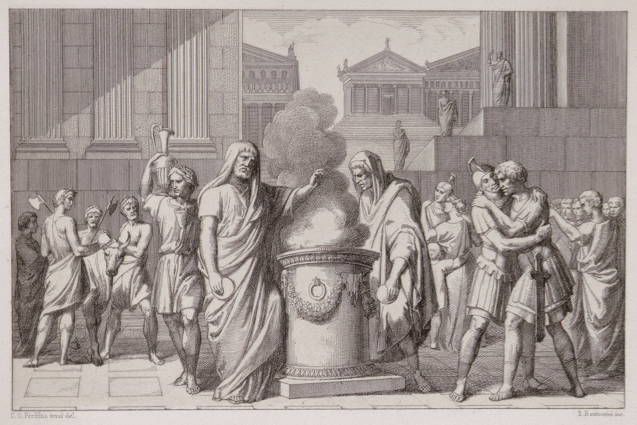 1849年にB.Barlocciniによって彫刻された、ガリア人の退却後のカミルスとマンリウスの出会い 作： CCパーキンス