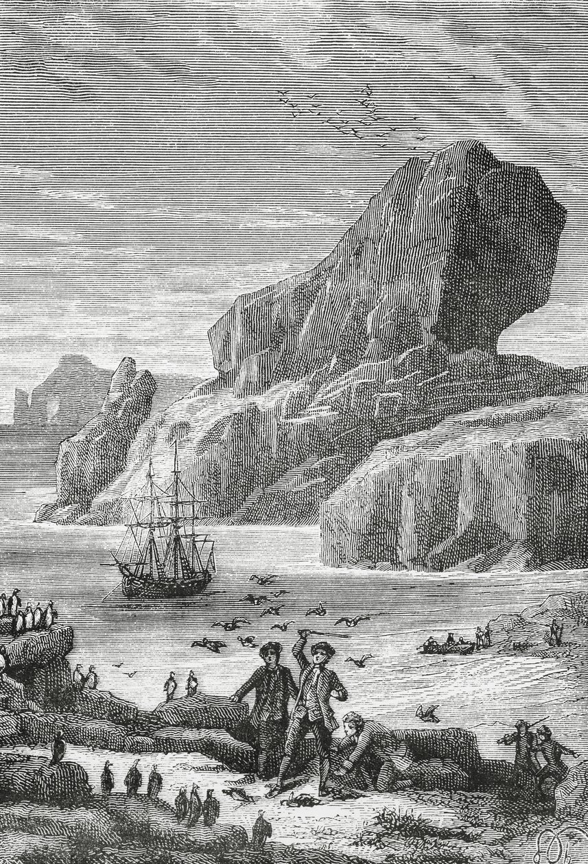 フランスの探検家イヴ＝ジョゼフ・ド・ケルゲレン＝トレマレック（1734～1797）によるオーストラルフランス（ケルゲレン諸島）の発見、1772年2月、彫刻、インド洋、フランス南・南極地域の領土 作： JBとブラウンJ.とロウボサム