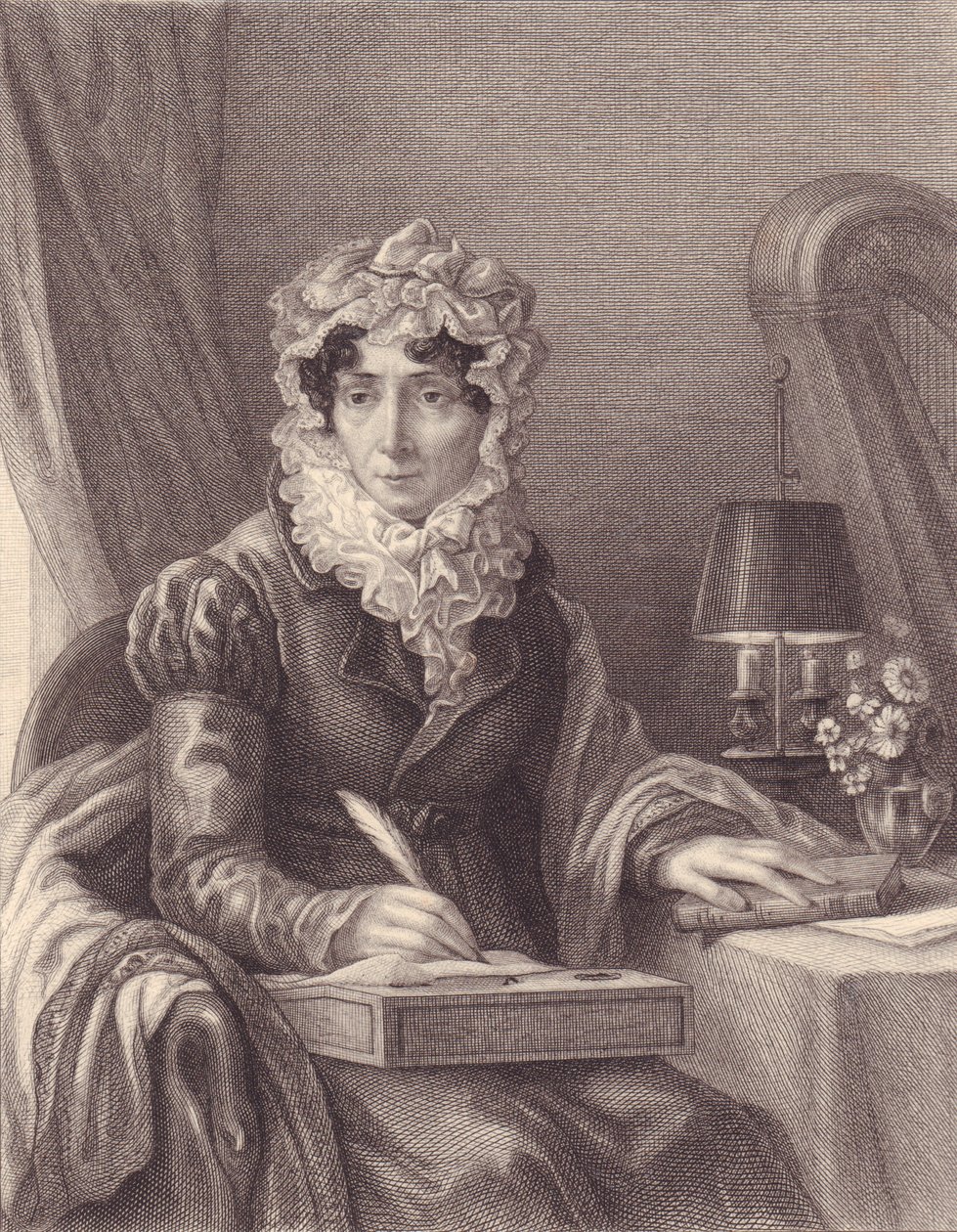 フランスの作家Stephanie-Felicite Ducrest de Saint Aubin, Madame de Genlis (1746-1830)の肖像、エングレーヴィング 作： JBとブラウンJ.とロウボサム