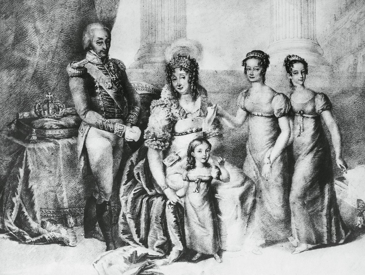Porträt von Viktor Emanuel I., König von Sardinien und Herzog von Savoyen, Piemont und Aosta, mit seiner Frau Maria Theresia von Österreich-Este und seinen Töchtern, Maria Teresa von Savoyen (1803-1879), Maria Anna von Savoyen und Maria Cristina von Savoye von J.B. and Brown J. Rowbotham