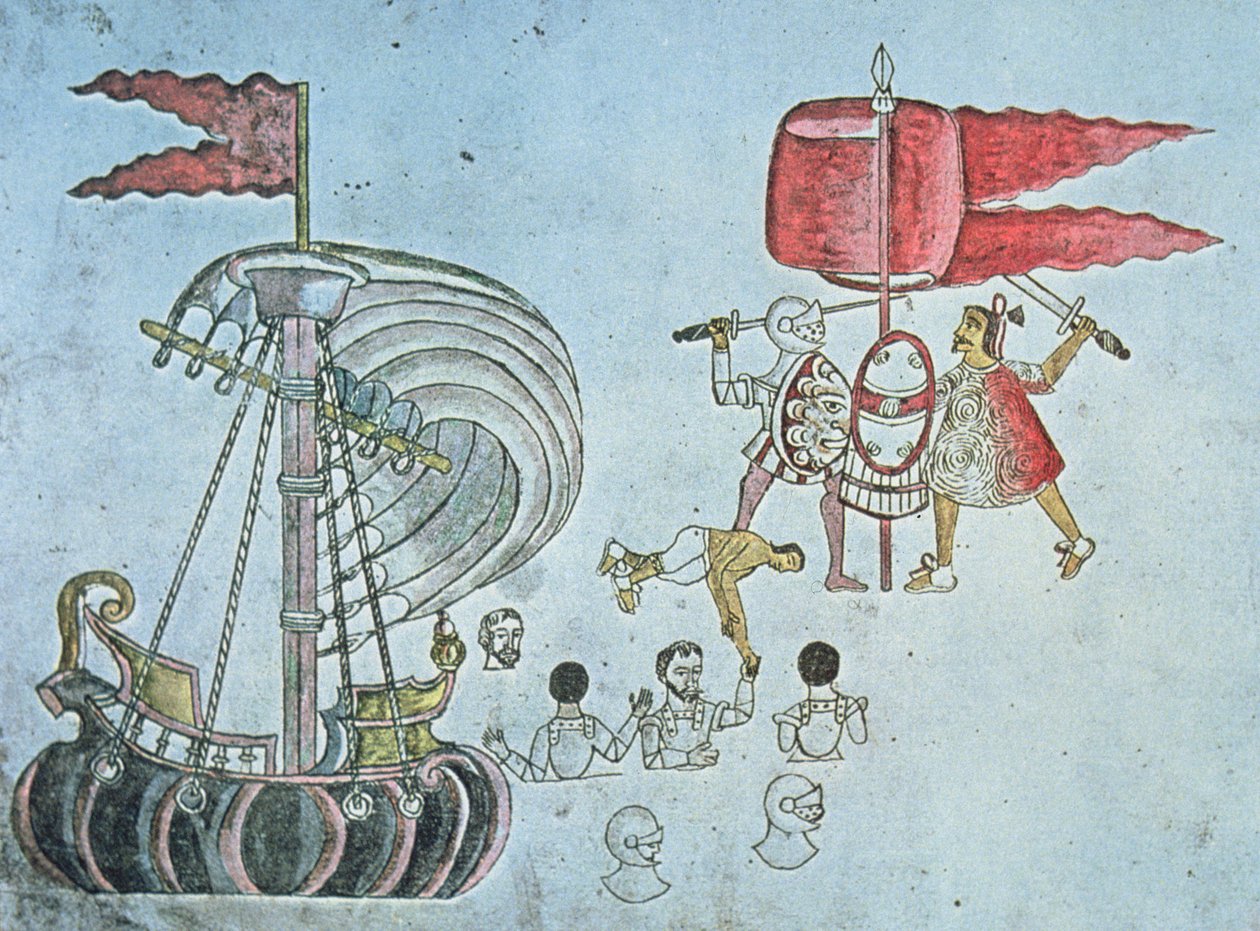 1519年にアステカ人と戦うために上陸したエルナン・コルテスのスペイン兵（1550年頃のアズカティトラン写本より）（カラーリトグラフ 作： JBとブラウンJ.とロウボサム