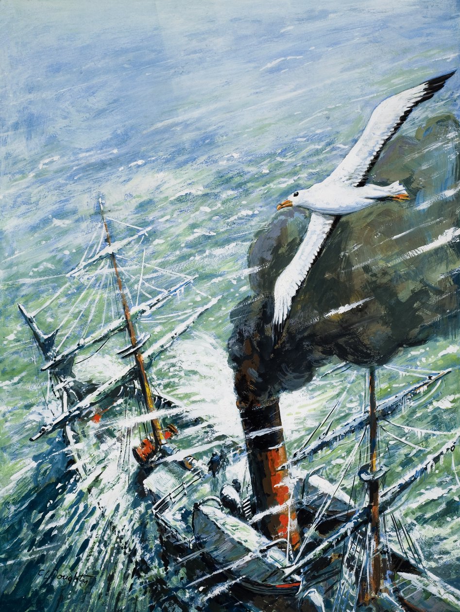 アーネスト・シャクルトン卿の南極探検隊「クエスト号」1921-22年（ガッシュ、紙） 作： CL ダウティ