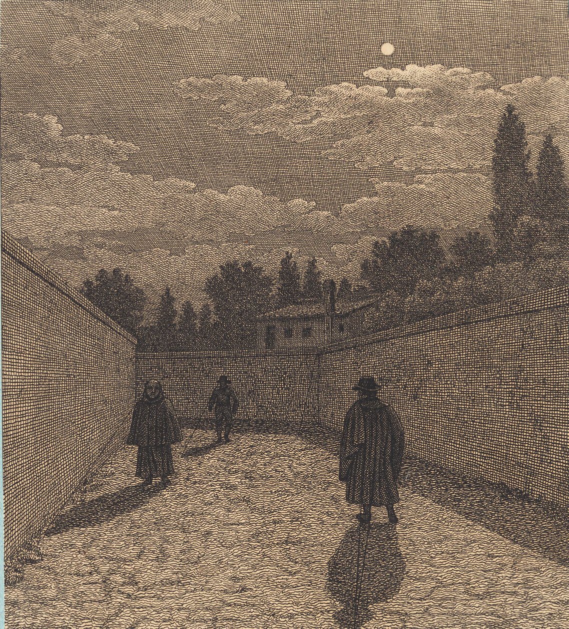 3 人の人物がいる道路上の月明かり。 「線遠近法」のイラスト、プレート IV 作： クリストファー・ヴィルヘルム・エッカースバーグ