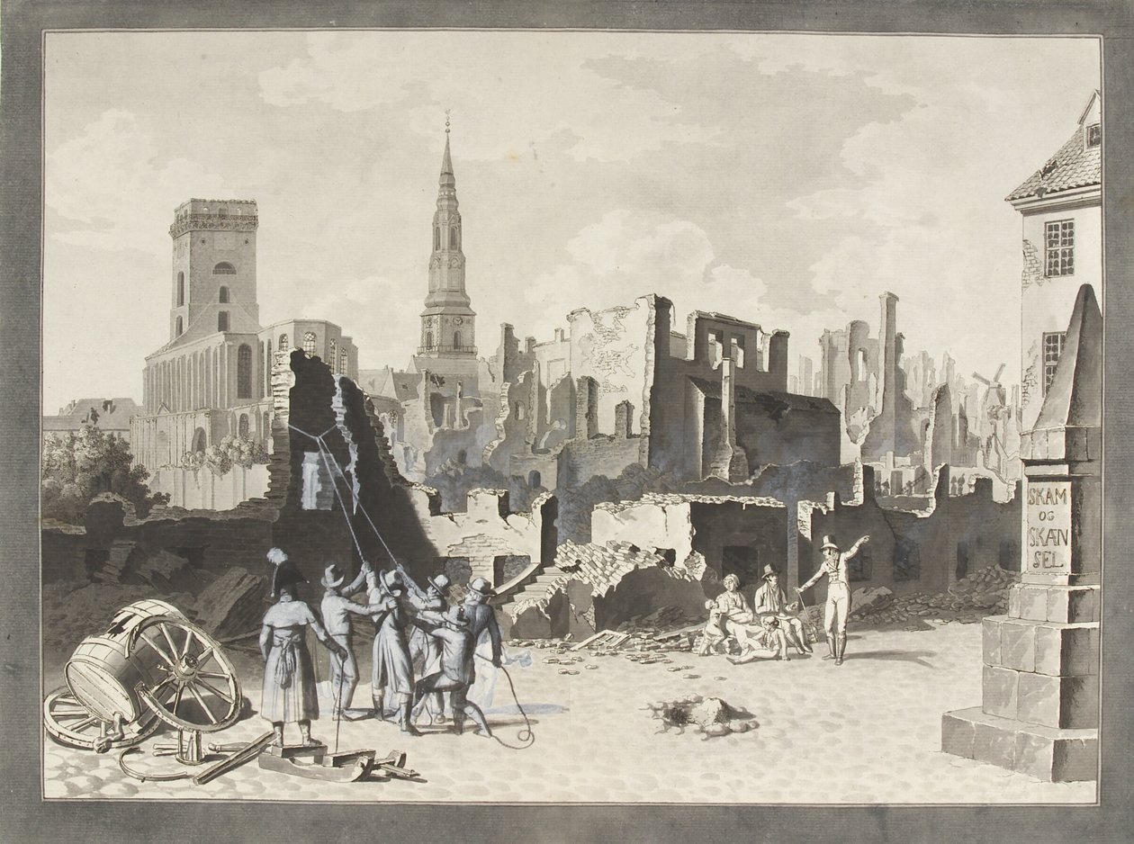 1807 年 9 月のイギリス軍の砲撃の後、ウルフェルト広場、現在はグローブロダートルフと呼ばれる 作： クリストファー・ヴィルヘルム・エッカースバーグ