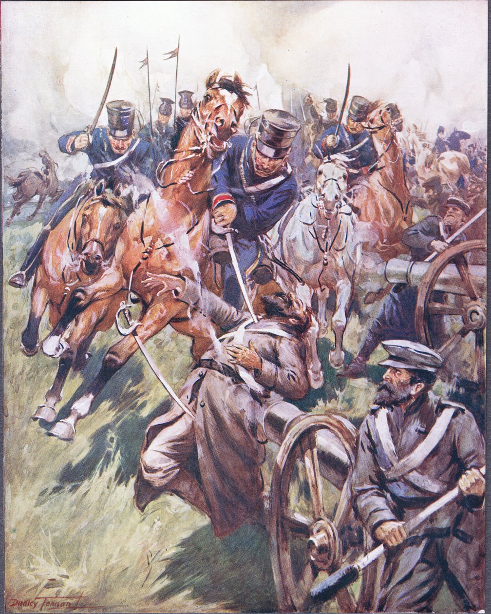 サーベルストロークから巻き上げられたコサックとロシアのリール、「有名な戦いのバラード」のイラスト、1900年頃（カラーリソ） 作： C・ダドリー・テナント