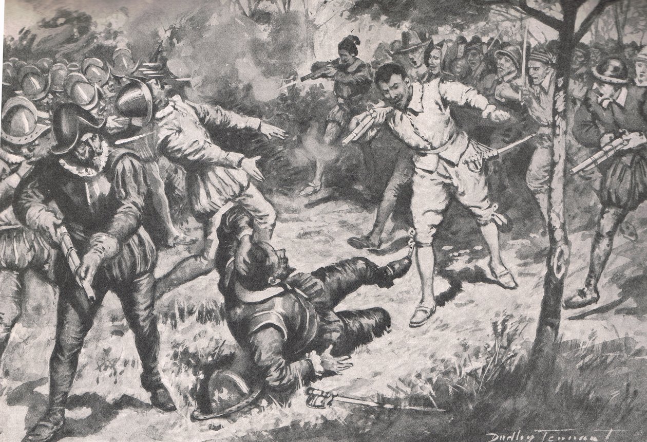 O Almirante, seguido por seu grupo, correu de cabeça na Guarda de Vera Cruz, ilustração de 