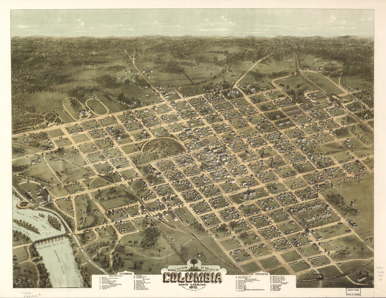 1872 年、サウスカロライナ州コロンビア市の鳥瞰図。 作： CNスリー