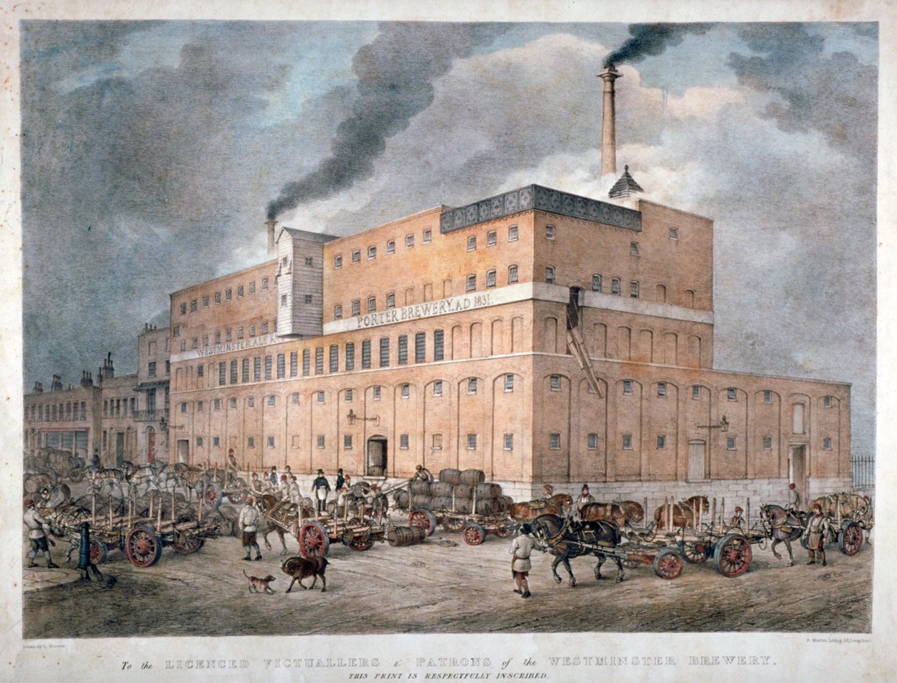 ロンドンのホースフェリー ロードにあるウェストミンスター エールとポーター ビール醸造所、1840 年頃。 作： Cウォーレン