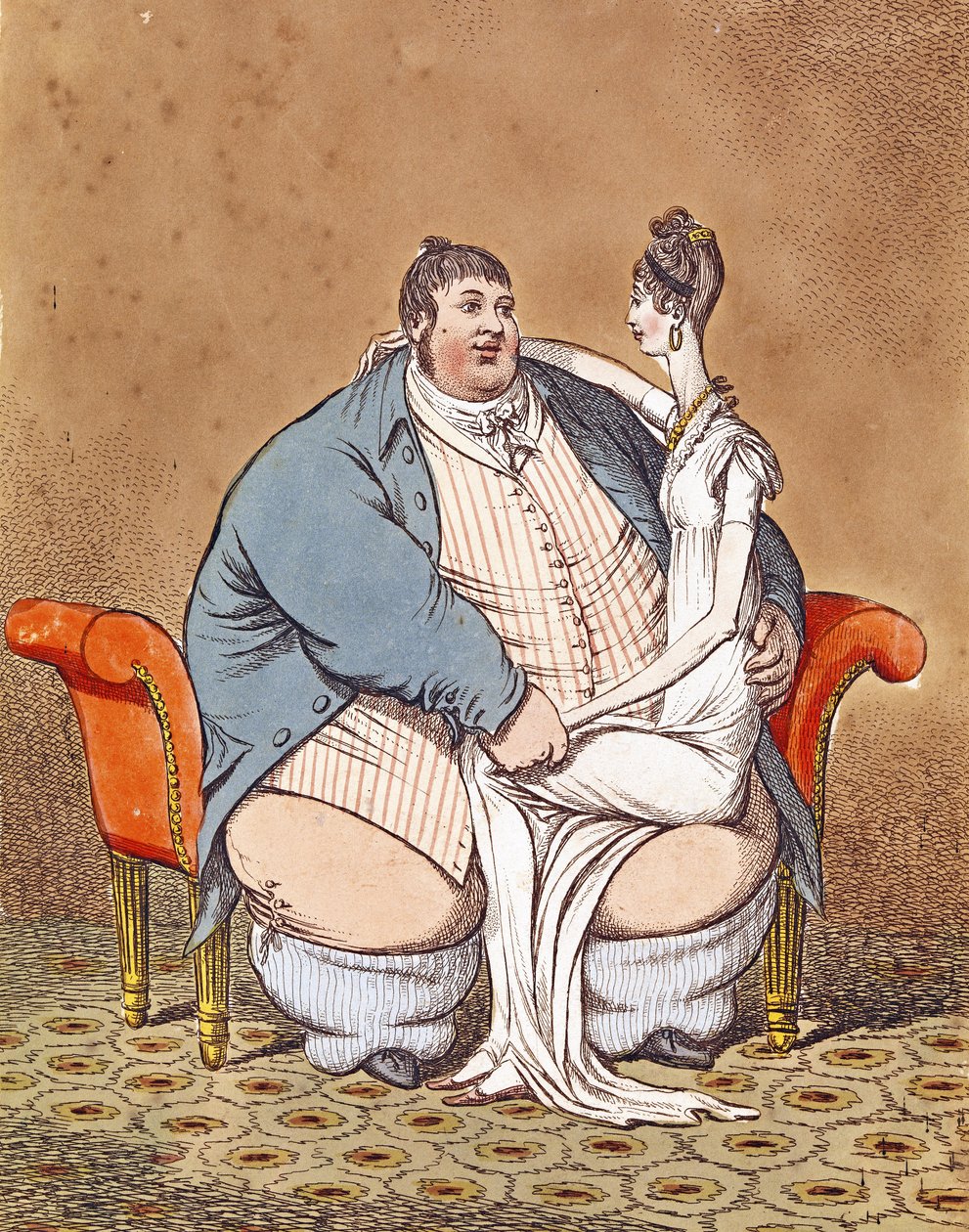 脂肪と無駄のない-ダニエル・ランバートは彼の膝に座った薄い女性と対照的でした、1806 作： C.ウィリアムズ