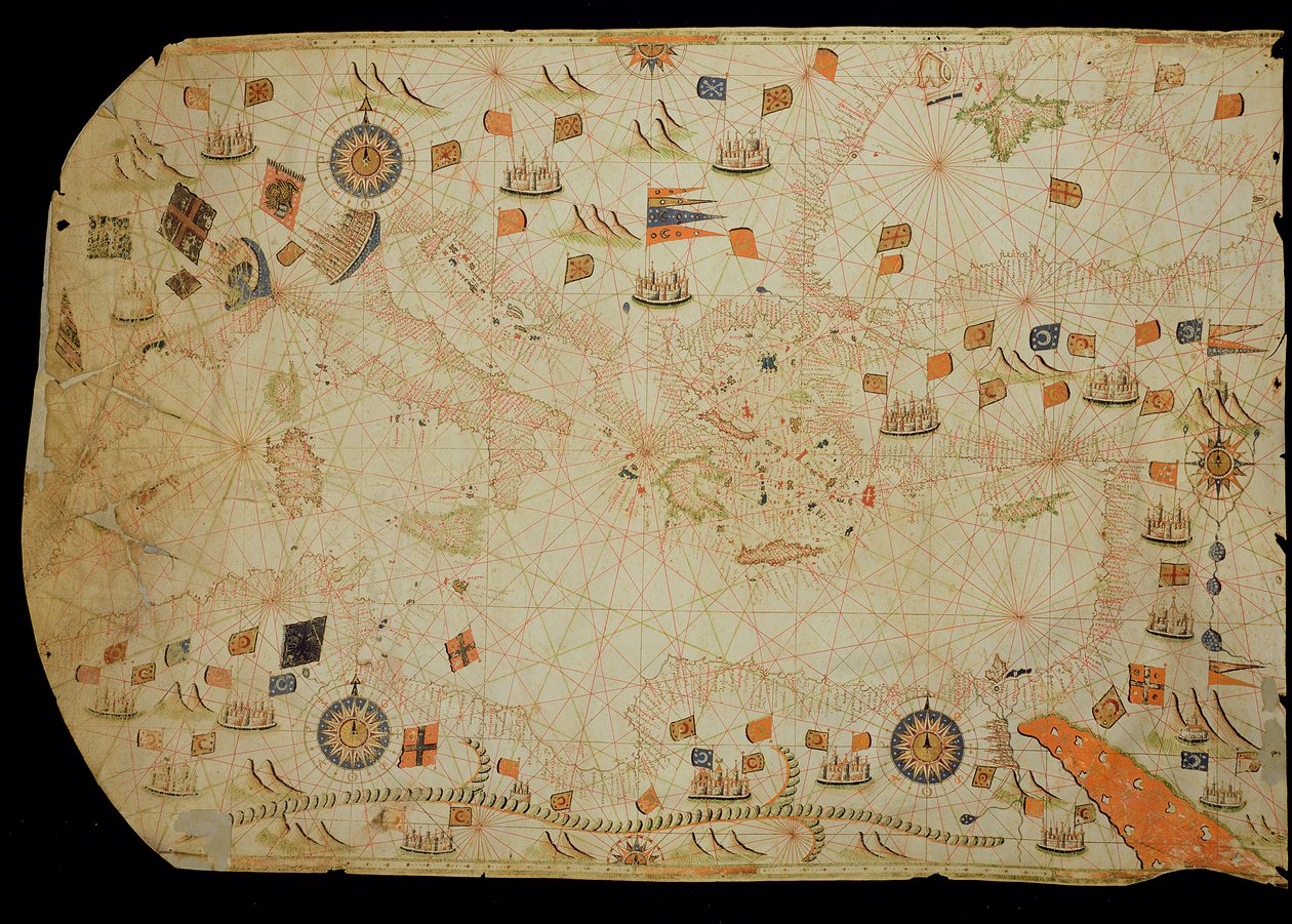 海図からの地中海盆地全体（ベラムのインク） 作： カロポディオダカンディア