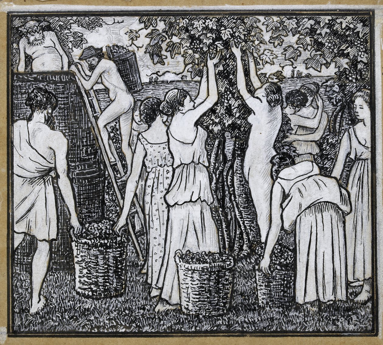 ブドウの収穫、「ダフニスとクロエ」のイラストのための作曲研究、c。 1895（ペンにペンとインドのインク、トレーシングペーパーにチャイニーズホワイトをカードに置いた） 作： カミーユ・ジェイコブ・ピサロ