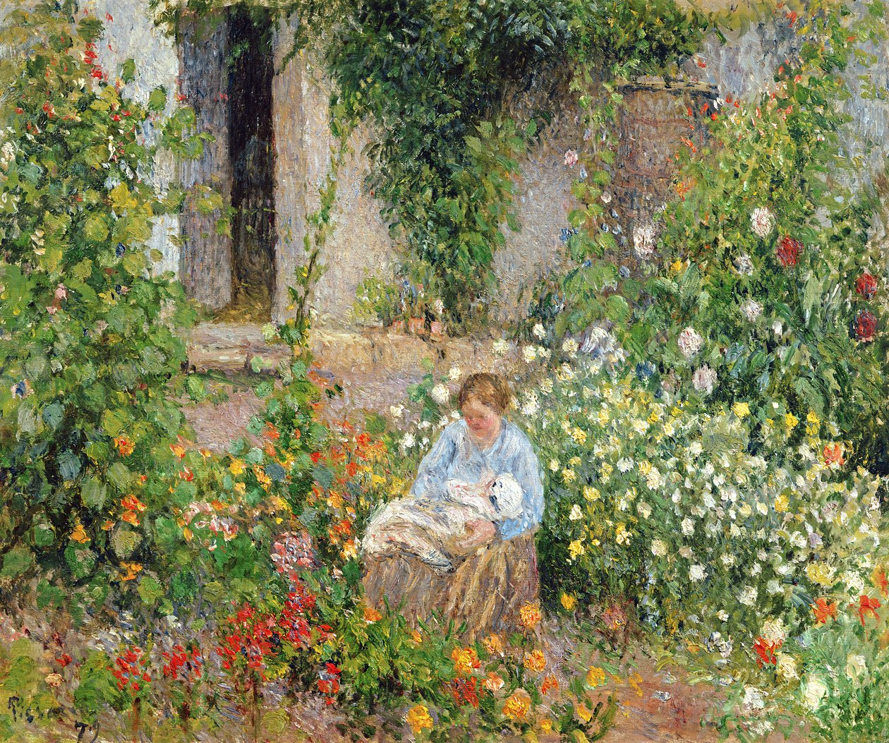 花の中の母と子、1879 作： カミーユ・ジェイコブ・ピサロ